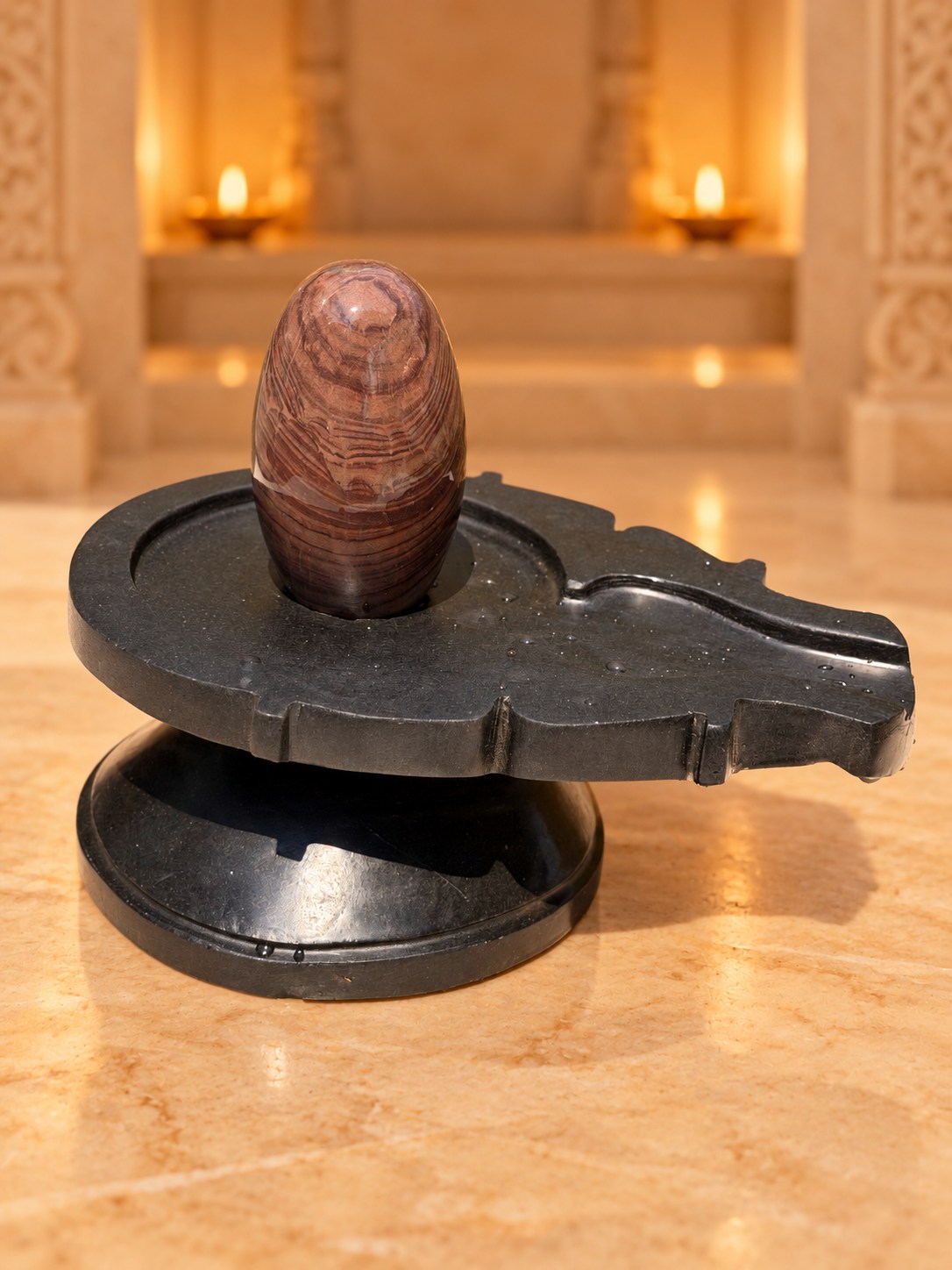 5-inch Narmadeshwar Shivling — Warm mandir background edit
