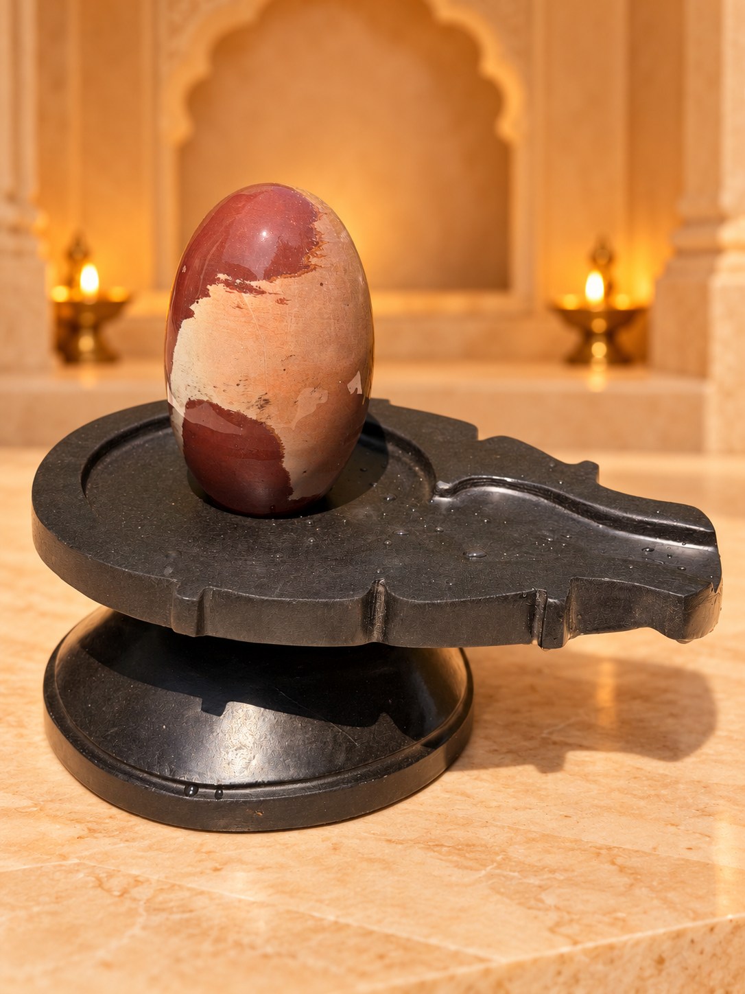 5-inch Narmadeshwar Shivling — Warm mandir background edit
