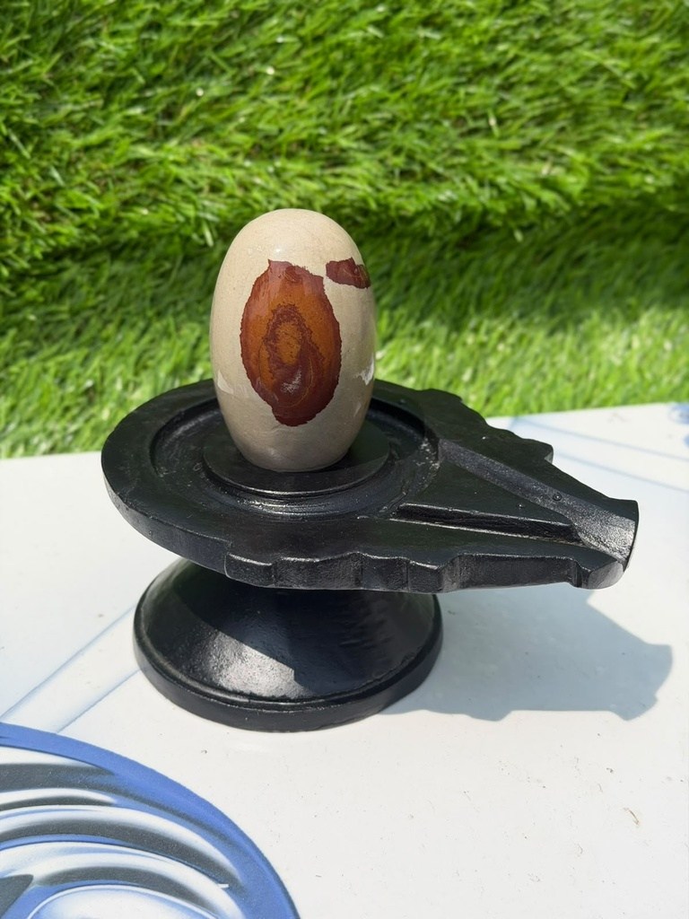 3 Inch Adbhut Narmadeshwar Shivling with 6 Inch Black Damru Jaladhari – Unique Red & Ochre Oval Pattern, 3″ height · 6″ Damru Jaladhari