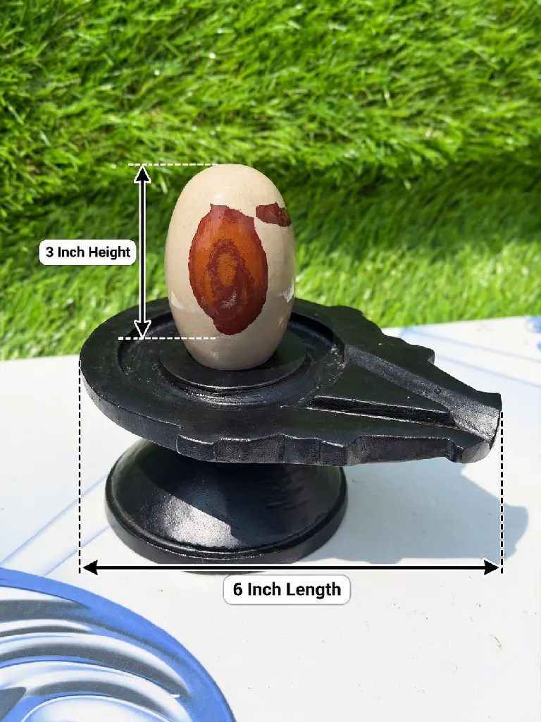 3 Inch Adbhut Narmadeshwar Shivling with 6 Inch Black Damru Jaladhari – Unique Red & Ochre Oval Pattern — Product photo 2