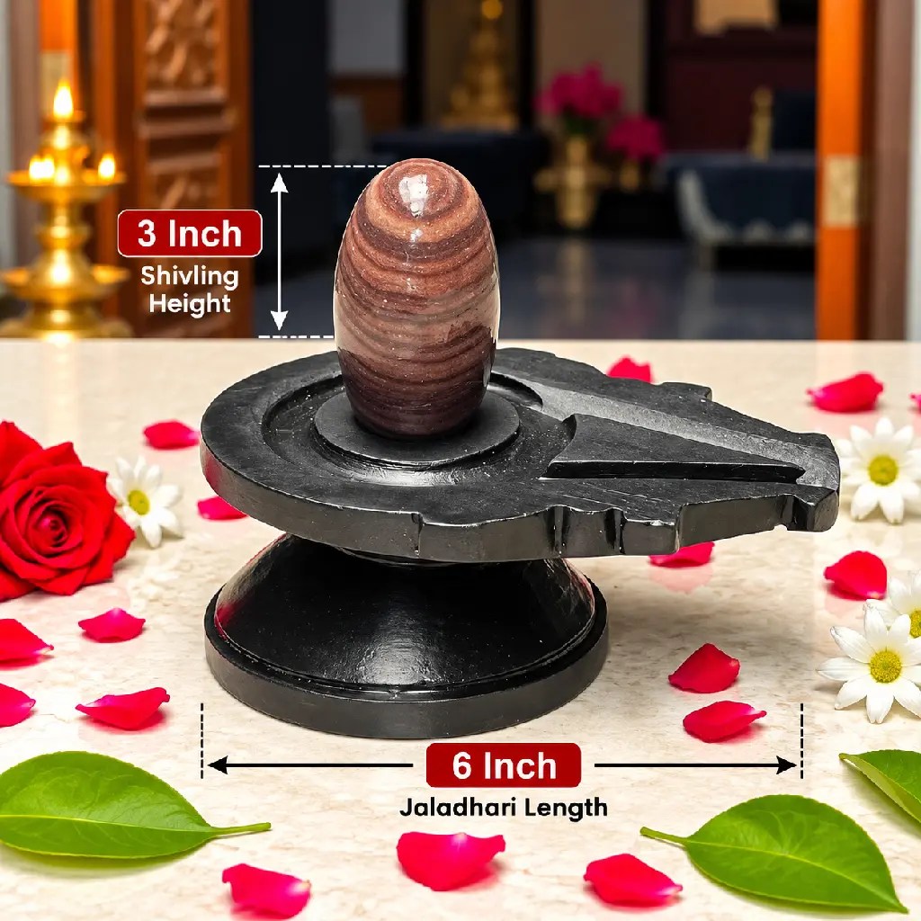 3 Inch Natural Brown Janeudhari Striped Narmadeshwar Shivling with 6 Inch Black Damru Jaladhari — Product photo 2