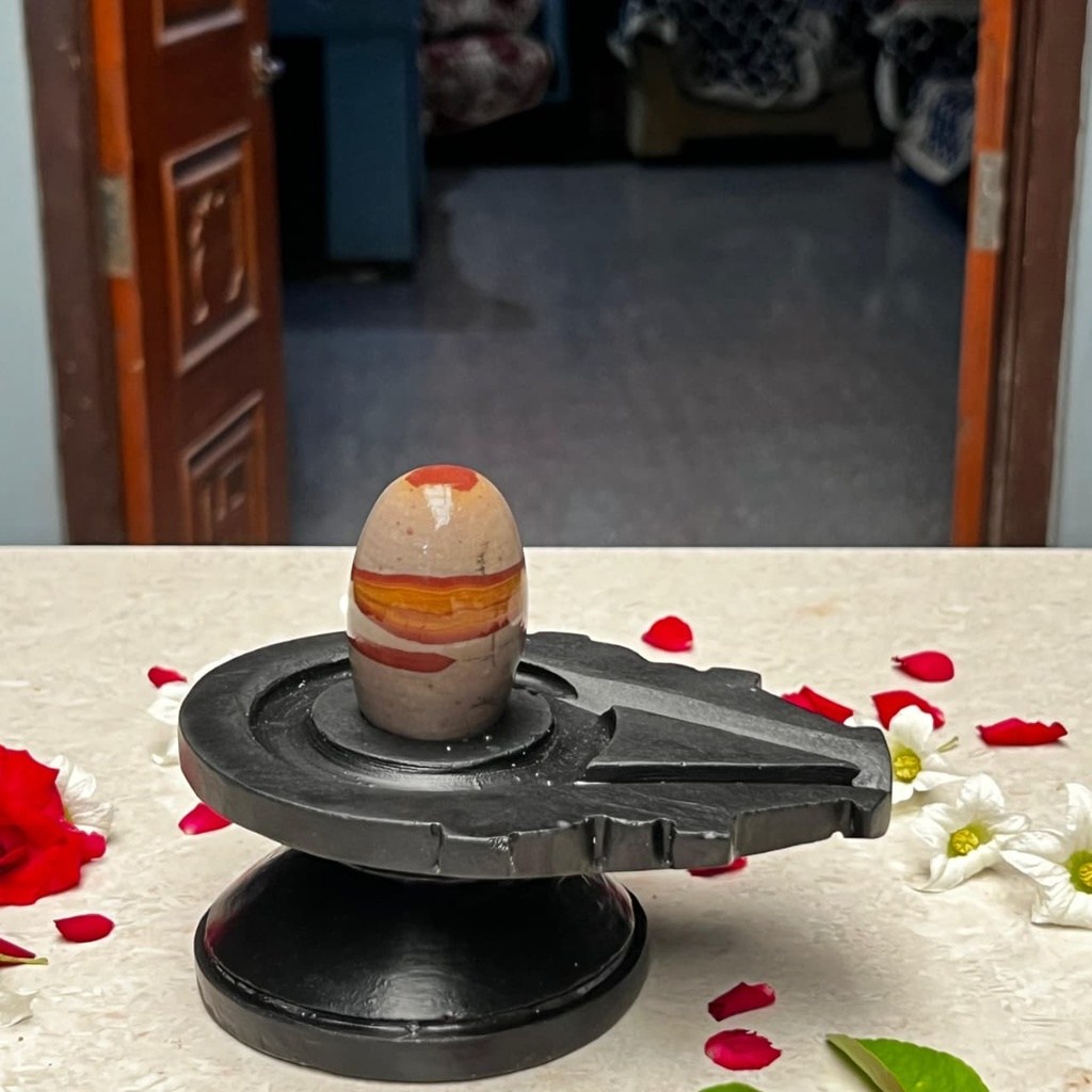 3 Inch Natural Multicolor Narmadeshwar Shivling with 6 Inch Black Damru Jaladhari, 3″ height · 6″ Damru Jaladhari