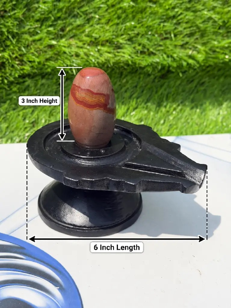 3 Inch Red Akrati Narmadeshwar Shivling with 6 Inch Black Damru Jaladhari – Unique Layered Pattern — Product photo 2