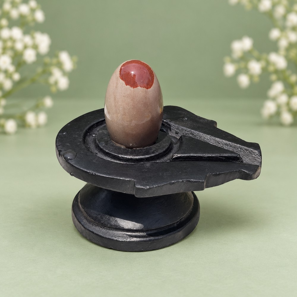 2-inch Narmadeshwar Shivling · Rust Crown on Taupe, 2″ height · 4″ Jaladhari