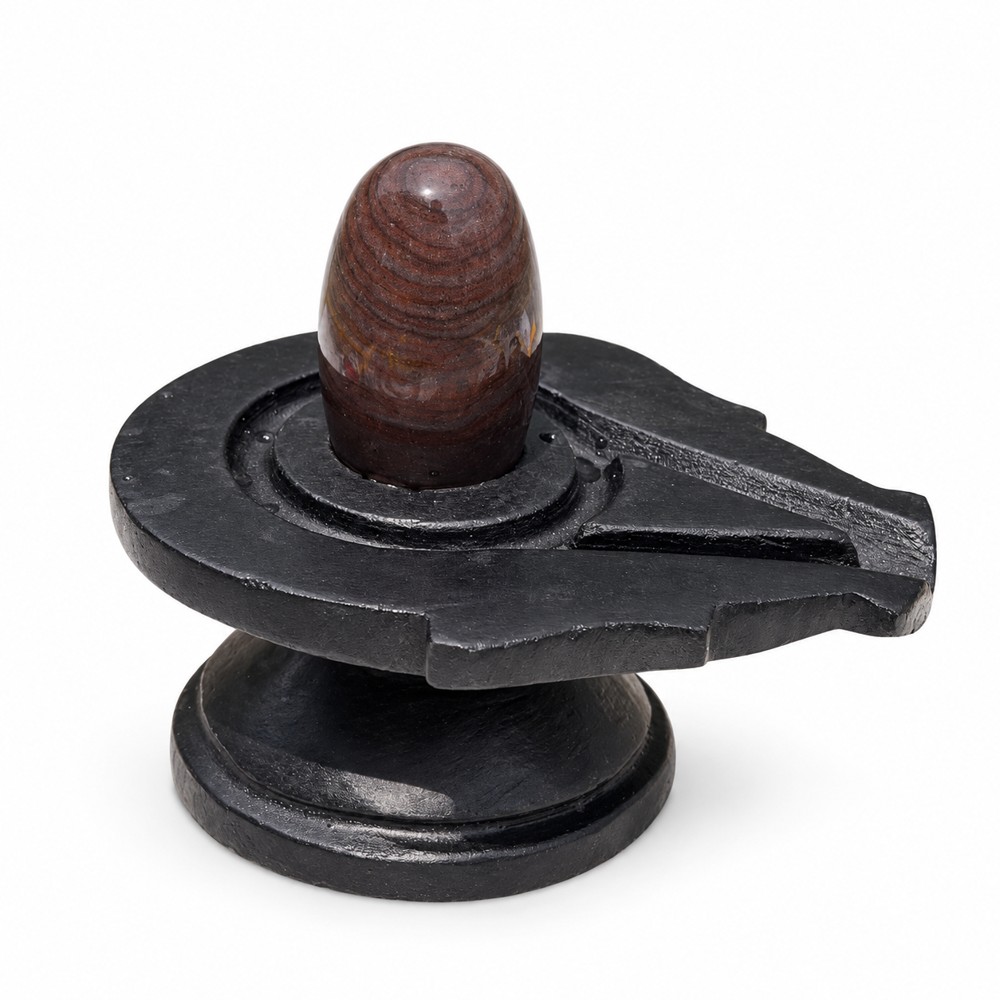 2-inch Narmadeshwar Shivling · Layered Crown Rings — White background edit