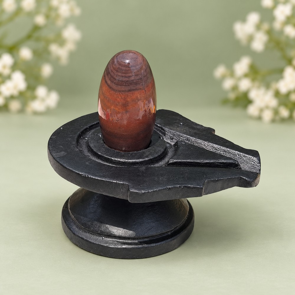 2-inch Narmadeshwar Shivling · Banded Crown and Rust Body, 2″ height · 4″ Jaladhari