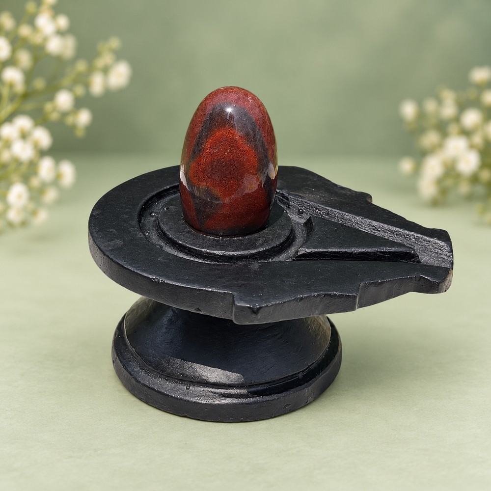 2-inch Narmadeshwar Shivling · Rust Teardrop Pattern, 2″ height · 4″ Jaladhari